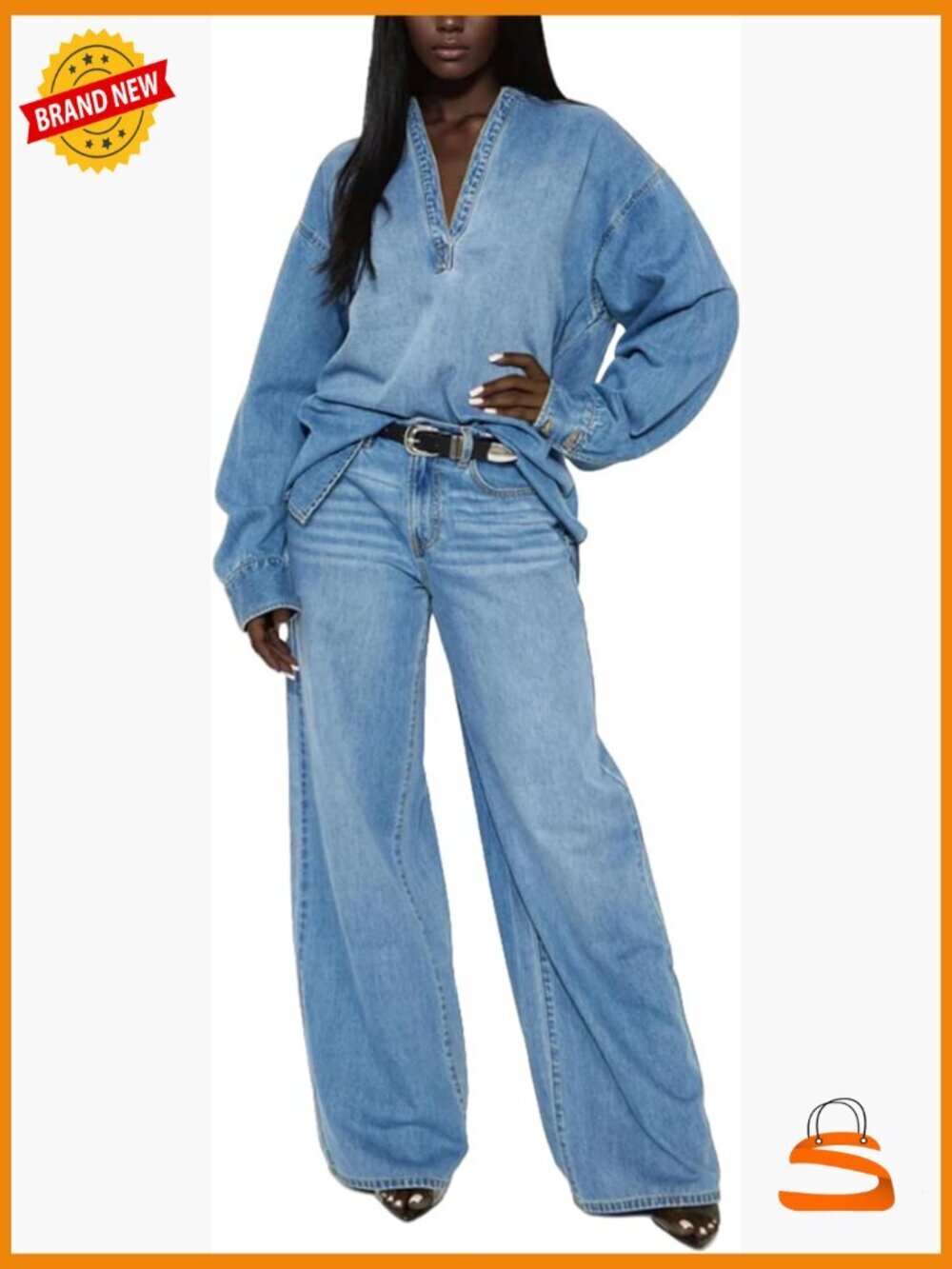 Denim 2 Piece Outfit Long Sleeve Top Wide Leg Jean Y2K Streetwear Set